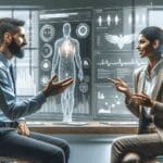 Emprendedores conversando frente a una pantalla con datos sobre salud digital