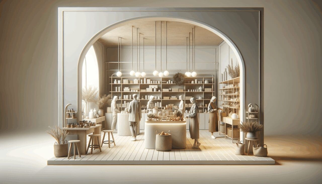 Interior moderno de un mercado con productos artesanales y ambiente colaborativo