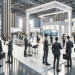 Interior de una feria tecnológica con stands modernos y empresarios conversando