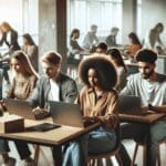 Jóvenes emprendedores trabajando con laptops en un espacio de coworking moderno