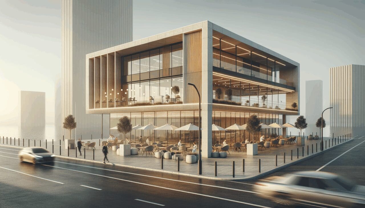 Edificio moderno frente al mar con una estructura de coworking y señales tecnológicas