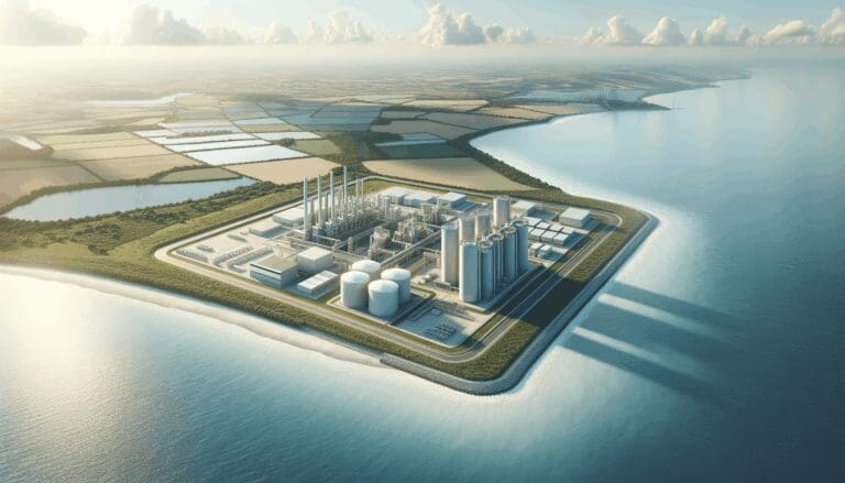 Vista aérea de una planta biotecnológica junto al mar en un entorno natural.