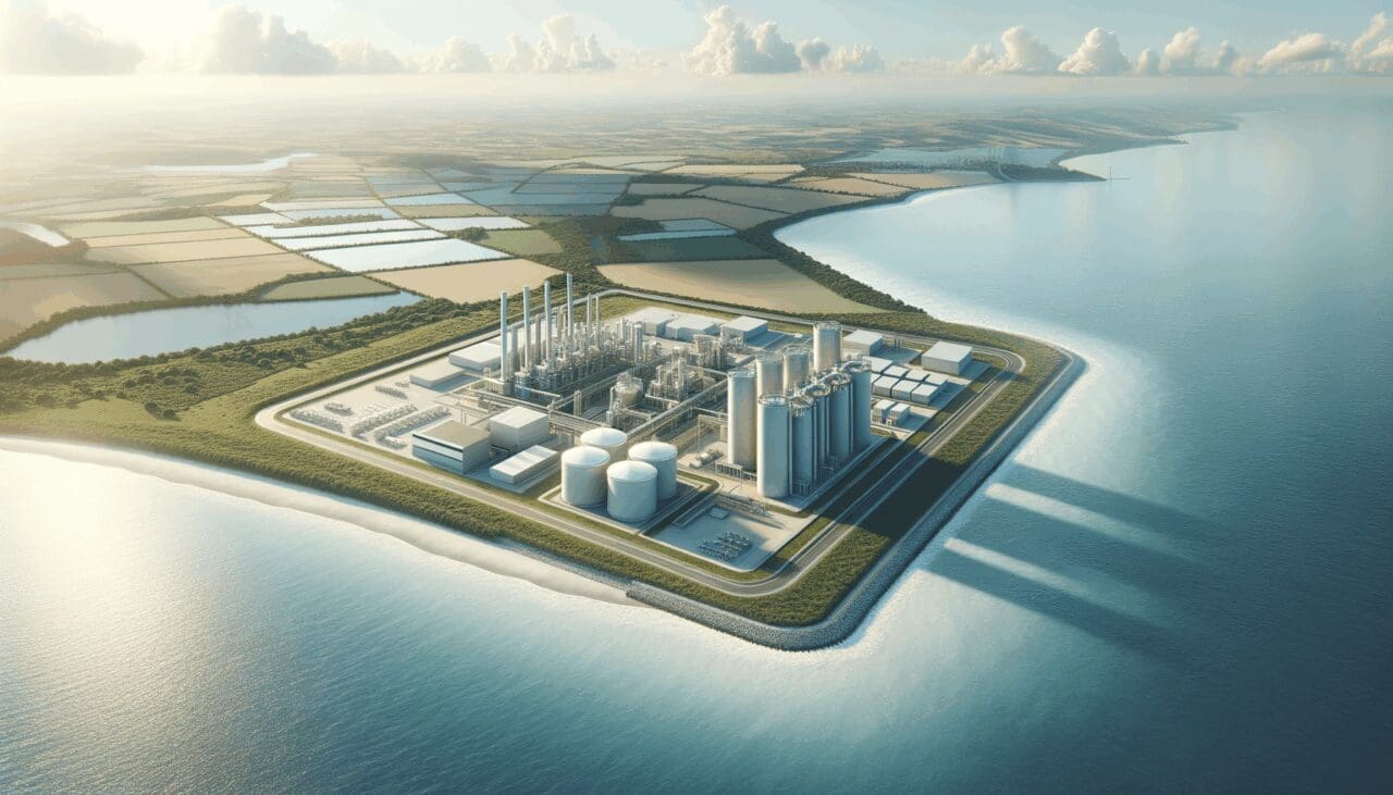 Vista aérea de una planta biotecnológica junto al mar en un entorno natural.