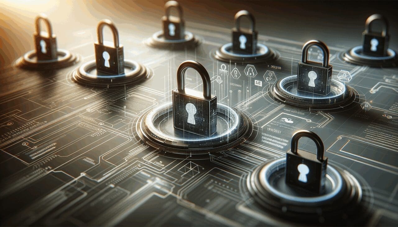 Primer plano de una interfaz digital con candados y estructuras de datos que representan ciberseguridad