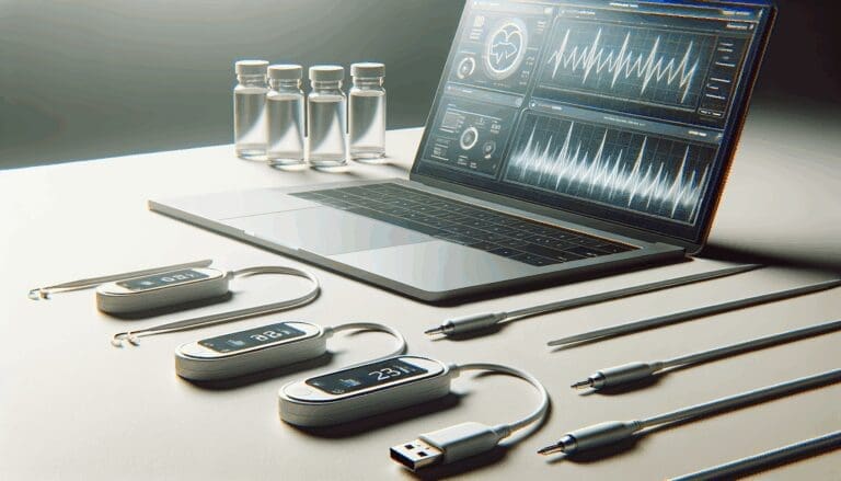 Primer plano de sensores médicos sobre una mesa junto a una laptop con datos en pantalla