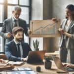 Personas en un espacio coworking moderno analizando gráficos de crecimiento en una laptop