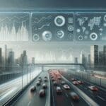 Panel de control digital con gráficos de tráfico y predicción de riesgos sobre un fondo urbano moderno