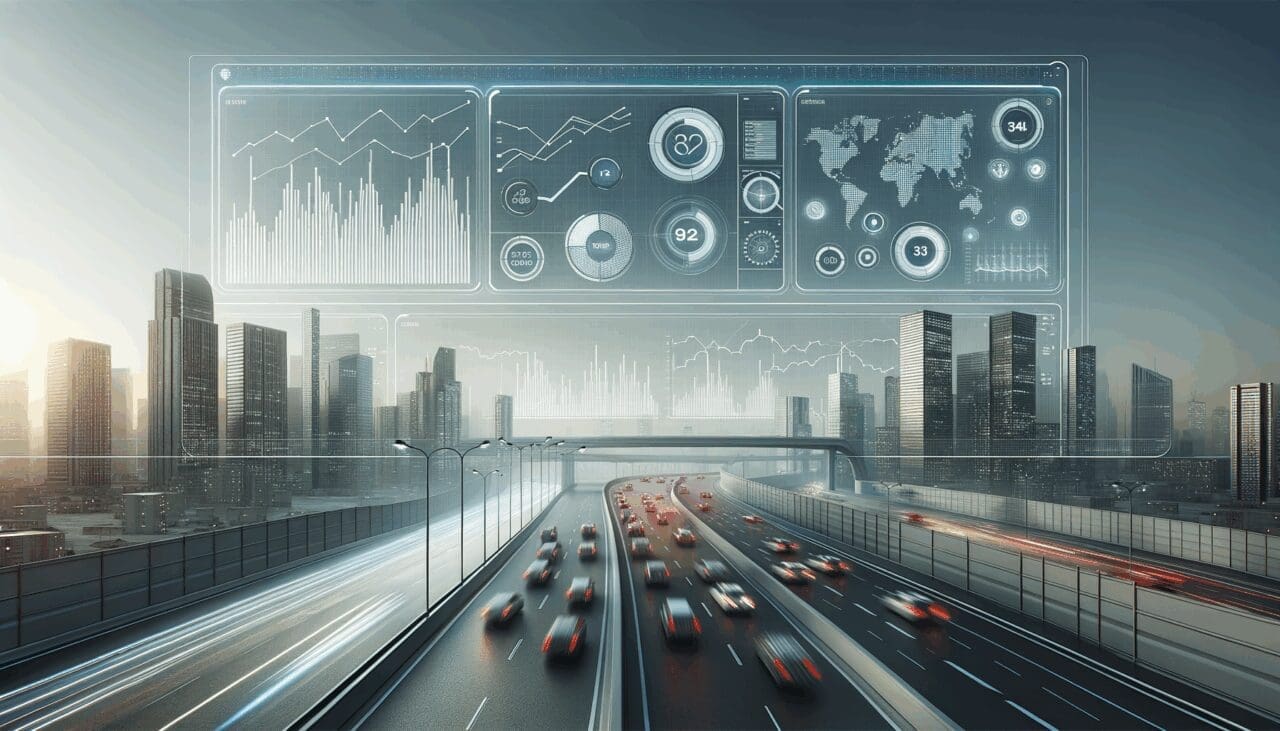 Panel de control digital con gráficos de tráfico y predicción de riesgos sobre un fondo urbano moderno