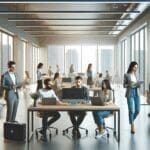 Oficinas modernas con emprendedores trabajando en un coworking tecnológico