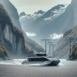 Barco eléctrico navegando entre fiordos rodeados de vegetación en el sur de Chile