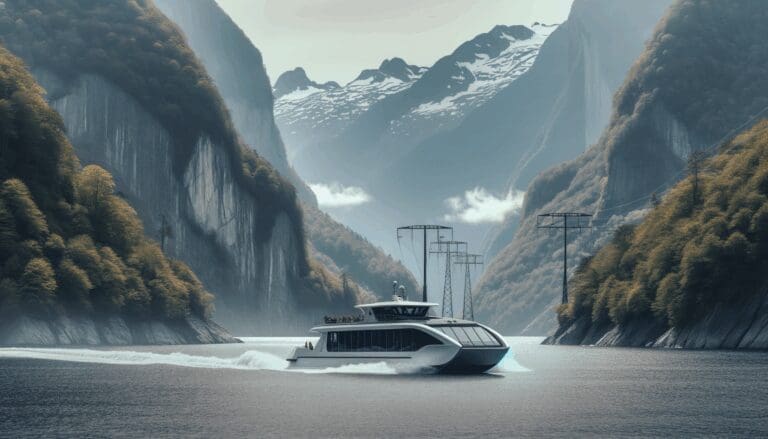 Barco eléctrico navegando entre fiordos rodeados de vegetación en el sur de Chile