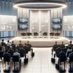 Sala de conferencias moderna con expositores tecnológicos y banners digitales, ambiente profesional y público atento