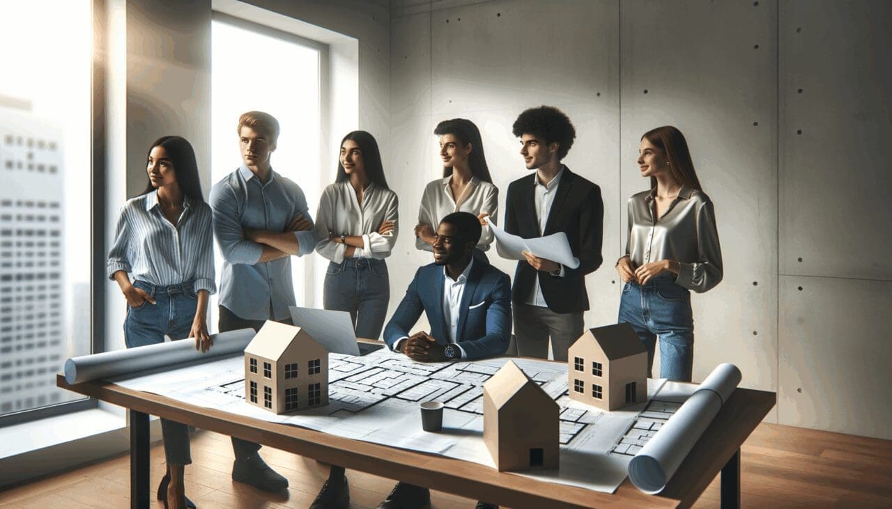 Jóvenes emprendedores colaborando en una oficina moderna con planos de vivienda sobre la mesa