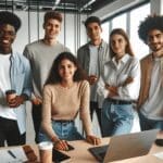 Jóvenes emprendedores reunidos en un espacio de coworking moderno y luminoso