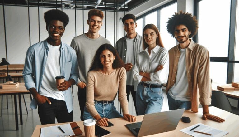 Jóvenes emprendedores reunidos en un espacio de coworking moderno y luminoso