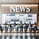 Oficinas modernas con equipo de trabajo reunido en torno a pantallas digitales