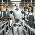 Robot humanoide en una línea de producción automatizada junto a operarios humanos