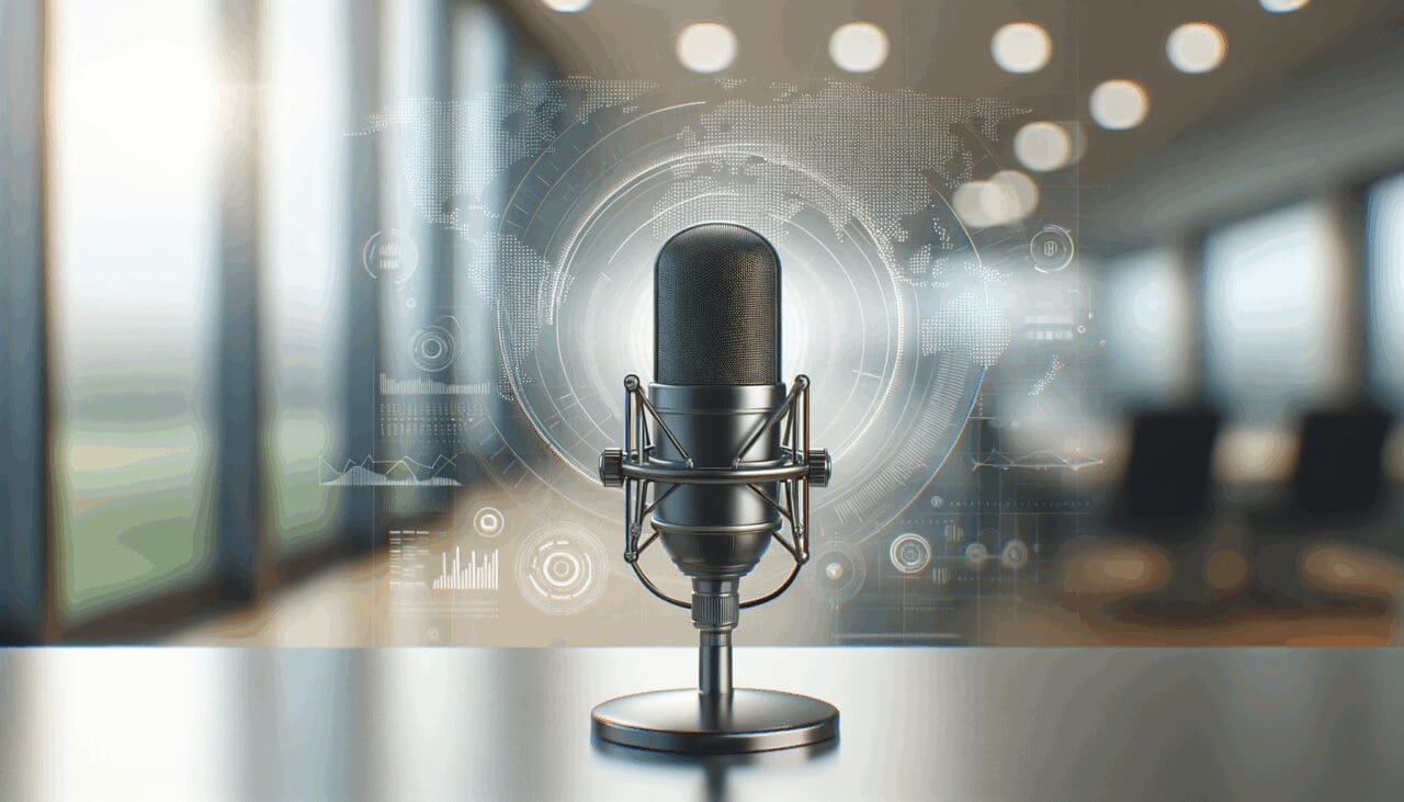 Micrófono en una cabina de radio con fondo tecnológico desenfocado