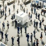 Vista aérea de una conferencia tecnológica con emprendedores interactuando en stands