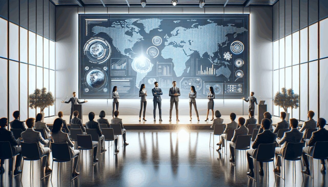 Emprendedores presentando sus ideas en un auditorio moderno con pantallas digitales