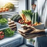 Primer plano de manos sosteniendo productos frescos en una cámara frigorífica moderna