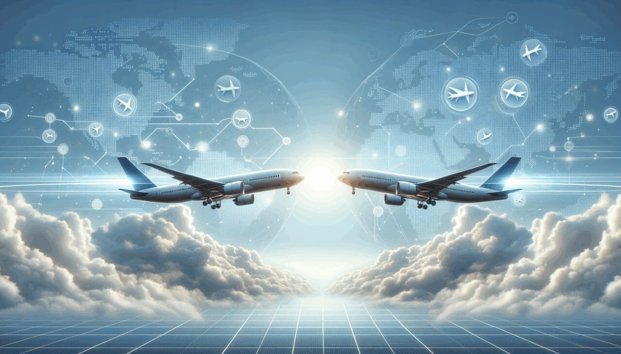 Ilustración de dos aviones conectándose digitalmente sobre un fondo de cielo claro, estilo tecnológico.