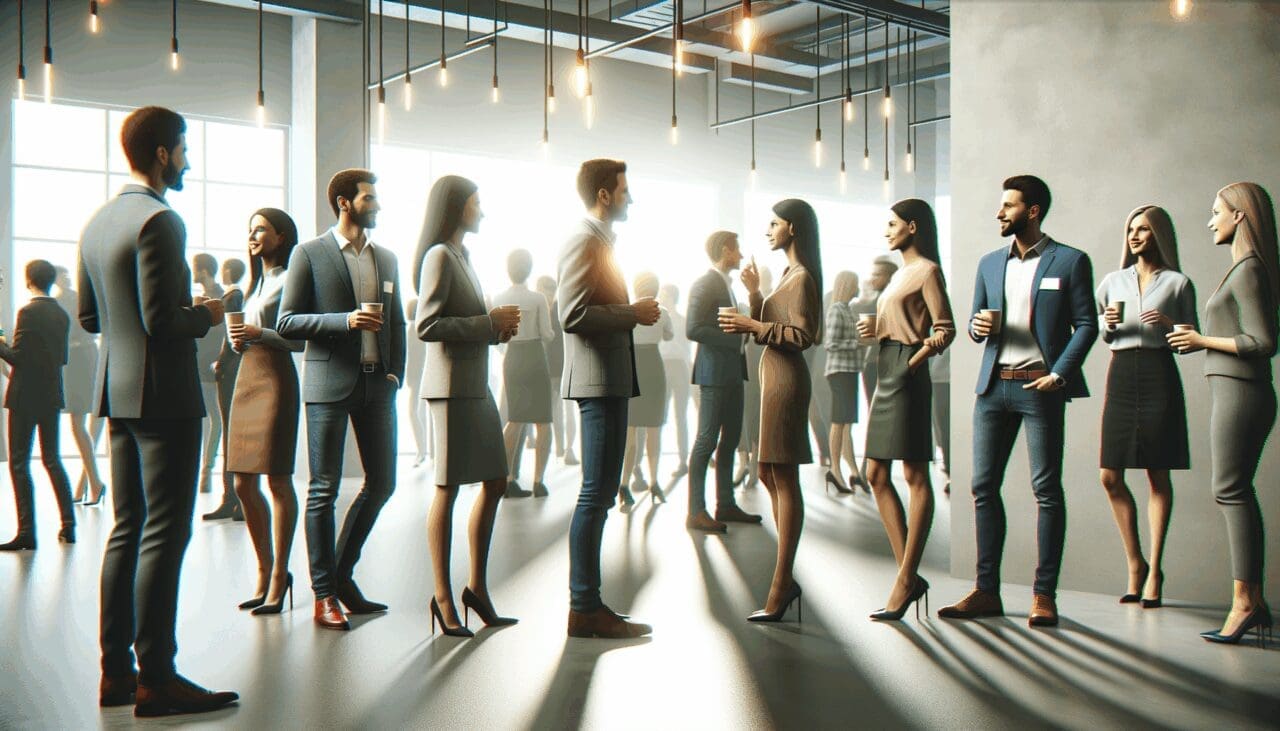 Personas interactuando en un evento de networking en un espacio moderno de coworking.