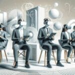 Personas usando visores de realidad virtual en un ambiente moderno y luminoso, con fondos abstractos.