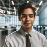 Retrato profesional de un joven emprendedor latinoamericano en un entorno tecnológico moderno.