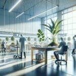 Laboratorio biotecnológico moderno con científicos trabajando en plantas bajo luz natural.