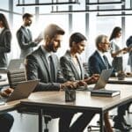 Oficinas modernas con profesionales usando laptops y pantallas digitales, ambiente corporativo y tecnológico.