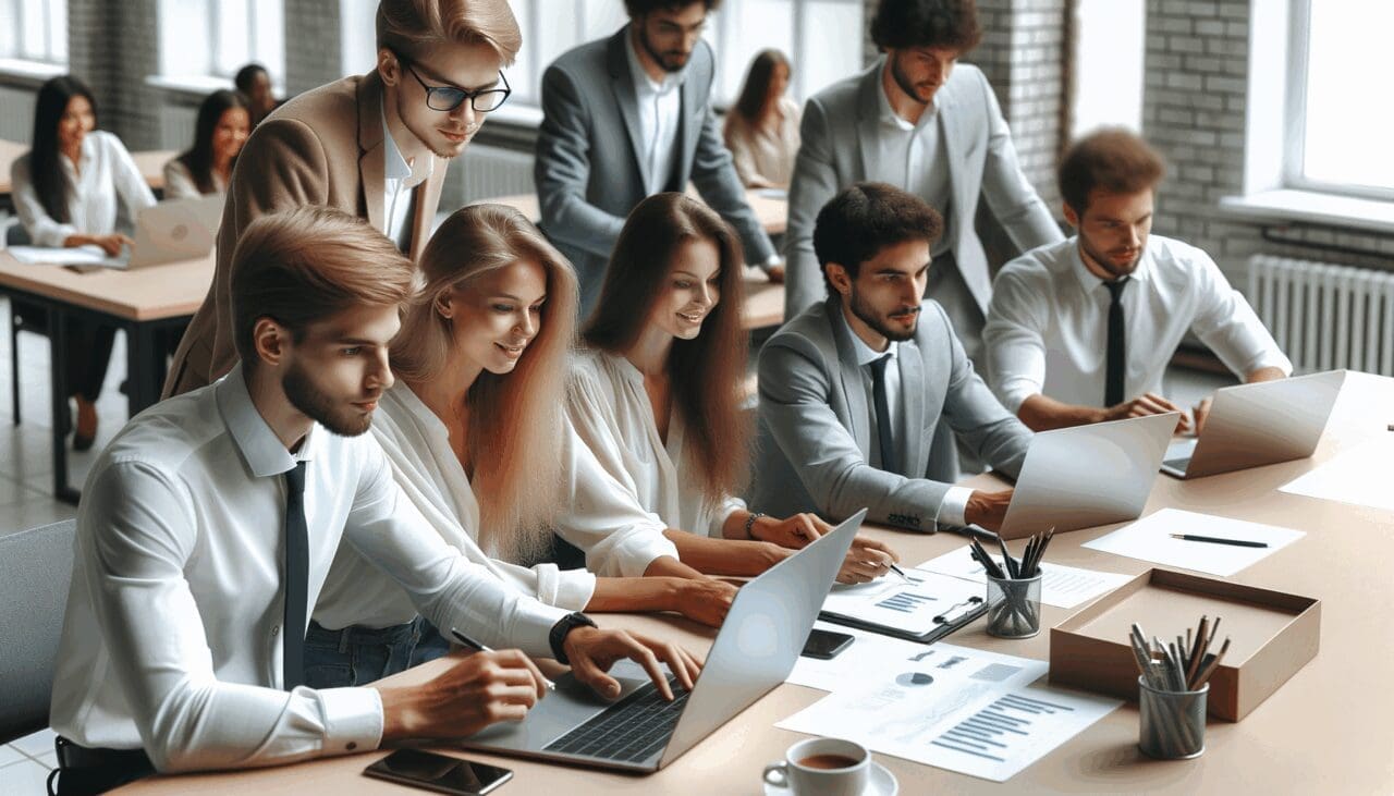 Fotografía profesional de una reunión de trabajo en una oficina moderna con jóvenes emprendedores analizando datos en laptops.