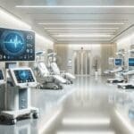 Fotografía interior de un hospital moderno con equipos médicos y ambiente tecnológico.