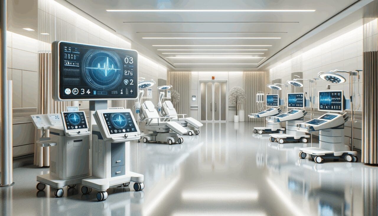 Fotografía interior de un hospital moderno con equipos médicos y ambiente tecnológico.