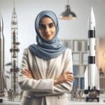Retrato en estudio de una mujer ingeniera, rodeada de modelos de cohetes y tecnología satelital, ambiente claro y moderno.