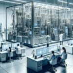 Laboratorio tecnológico con equipos de energía avanzada e investigadores trabajando.