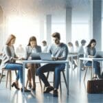 Ambiente universitario moderno con jóvenes colaborando frente a laptops en un espacio abierto y luminoso.