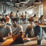 Personas jóvenes usando computadoras portátiles en un espacio de coworking moderno, estilo tecnológico y colaborativo.