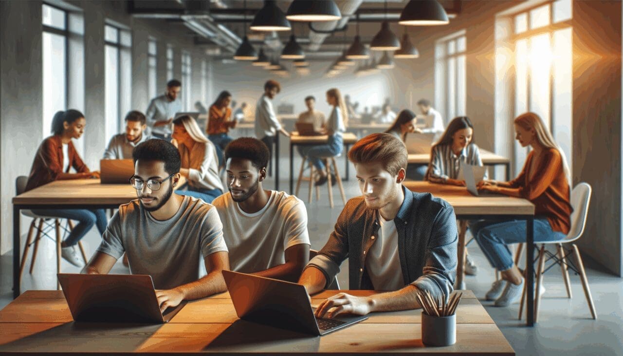 Personas jóvenes usando computadoras portátiles en un espacio de coworking moderno, estilo tecnológico y colaborativo.