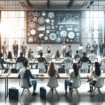 Encuentro de emprendedores en un moderno espacio de coworking, rodeados de laptops y pizarras digitales.