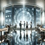 Oficina moderna con empleados interactuando frente a pantallas digitales futuristas.
