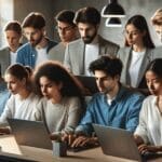 Jóvenes emprendedores colaborando frente a laptops en una oficina moderna de tecnología.