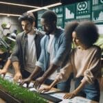 Equipo multicultural de jóvenes emprendedores analizando datos agrícolas en un espacio moderno y verde, con pantallas y dispositivos tecnológicos de fondo.