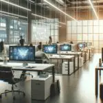 Oficina moderna de startup tecnológica con computadoras y pizarras digitales en uso.