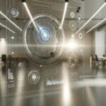 Primer plano de una interfaz tecnológica con elementos de inteligencia artificial en un entorno moderno de oficina