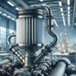 Primer plano de un filtro innovador instalado en el escape de un motor, con fondo de laboratorio tecnológico iluminado.