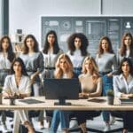 Fotografía de mujeres emprendedoras en un espacio moderno de coworking, reunidas frente a computadoras y pizarras digitales.