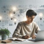 Joven estudiando frente a una laptop con plantas y pizarras de ideas innovadoras en segundo plano.