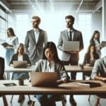 Equipo de emprendedores trabajando en laptops en un espacio de coworking moderno y luminoso.