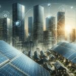 Primer plano de paneles solares y tecnología verde en un entorno urbano moderno bajo cielo claro.
